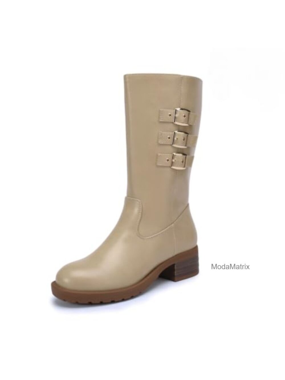 Womens Mid Calf Boots Retro Triple Buckle Moto Round Toe Block Heel Zip